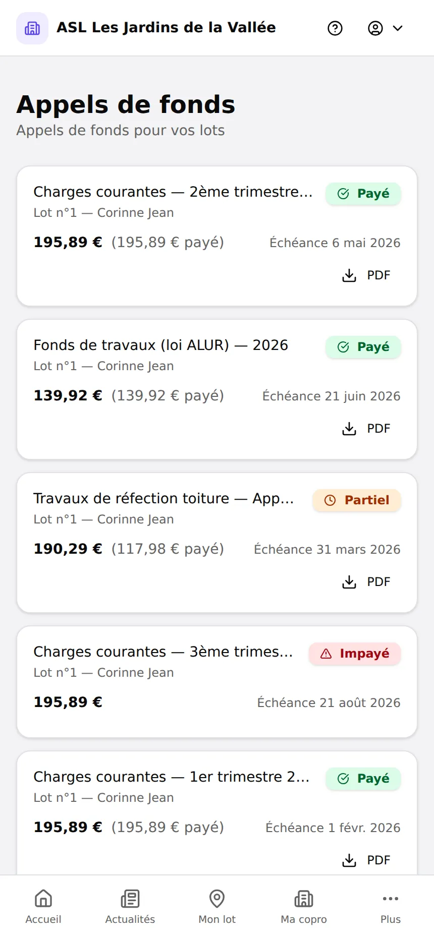 Liste des appels de fonds dans l'espace résident