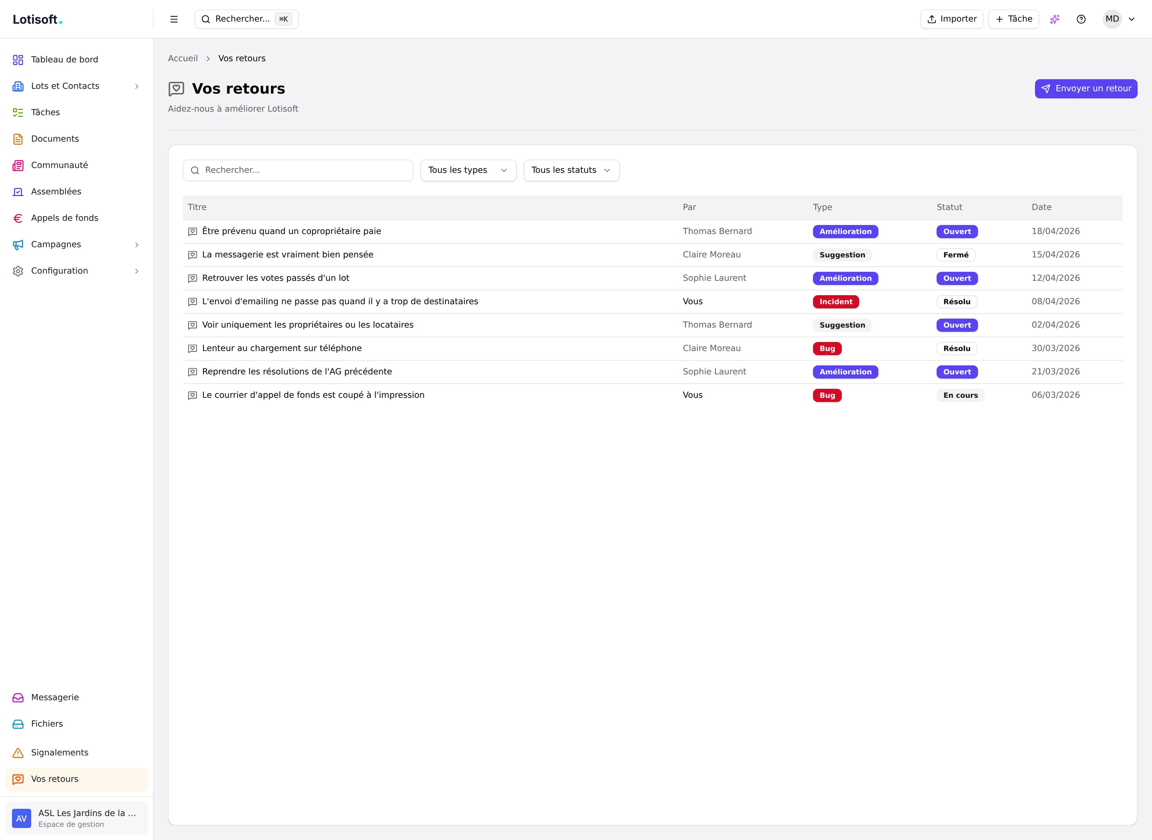 Interface de retours utilisateurs dans Lotisoft — signaler un bug, proposer une amélioration