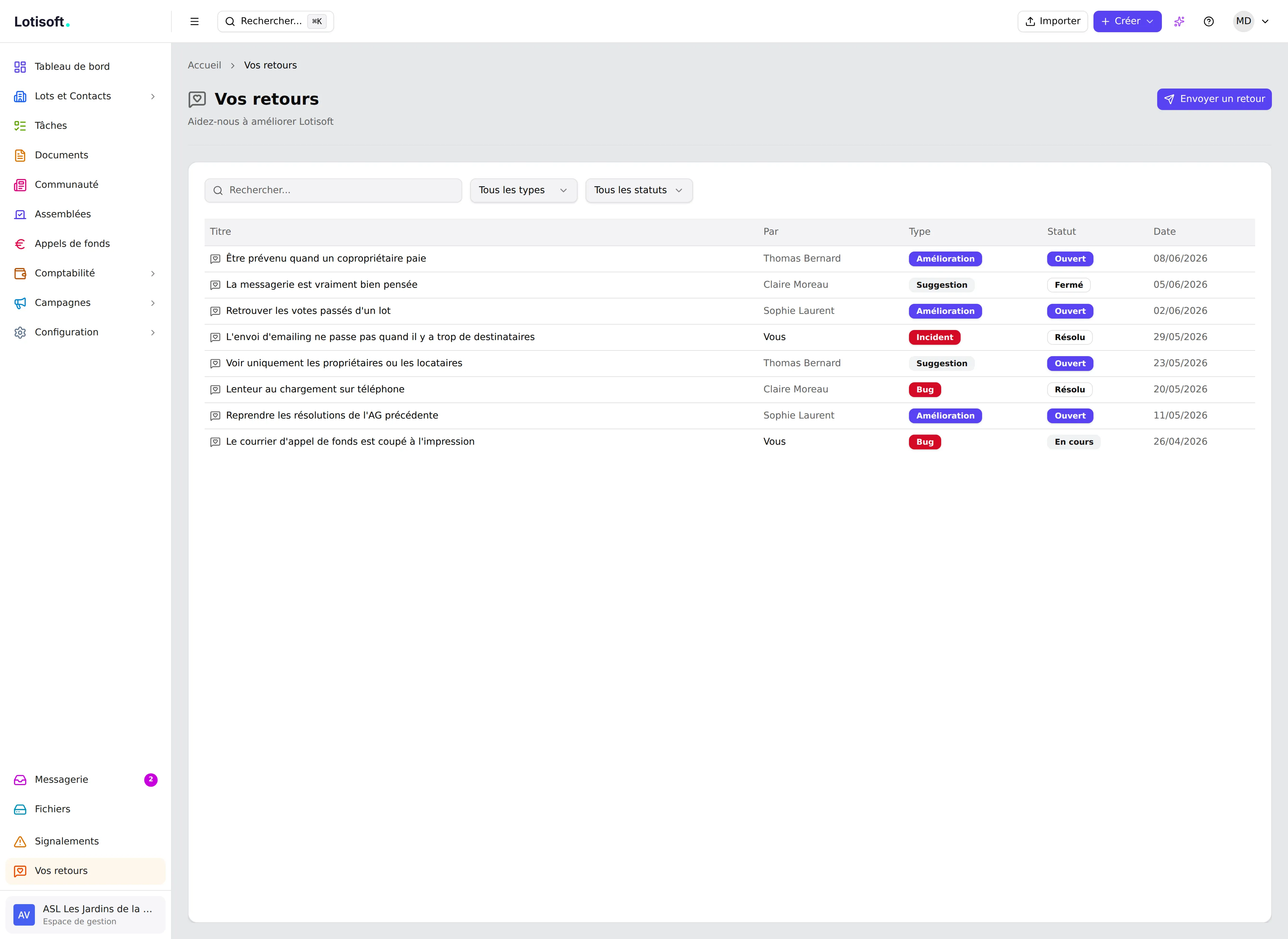 Interface de retours utilisateurs dans Lotisoft — signaler un bug, proposer une amélioration