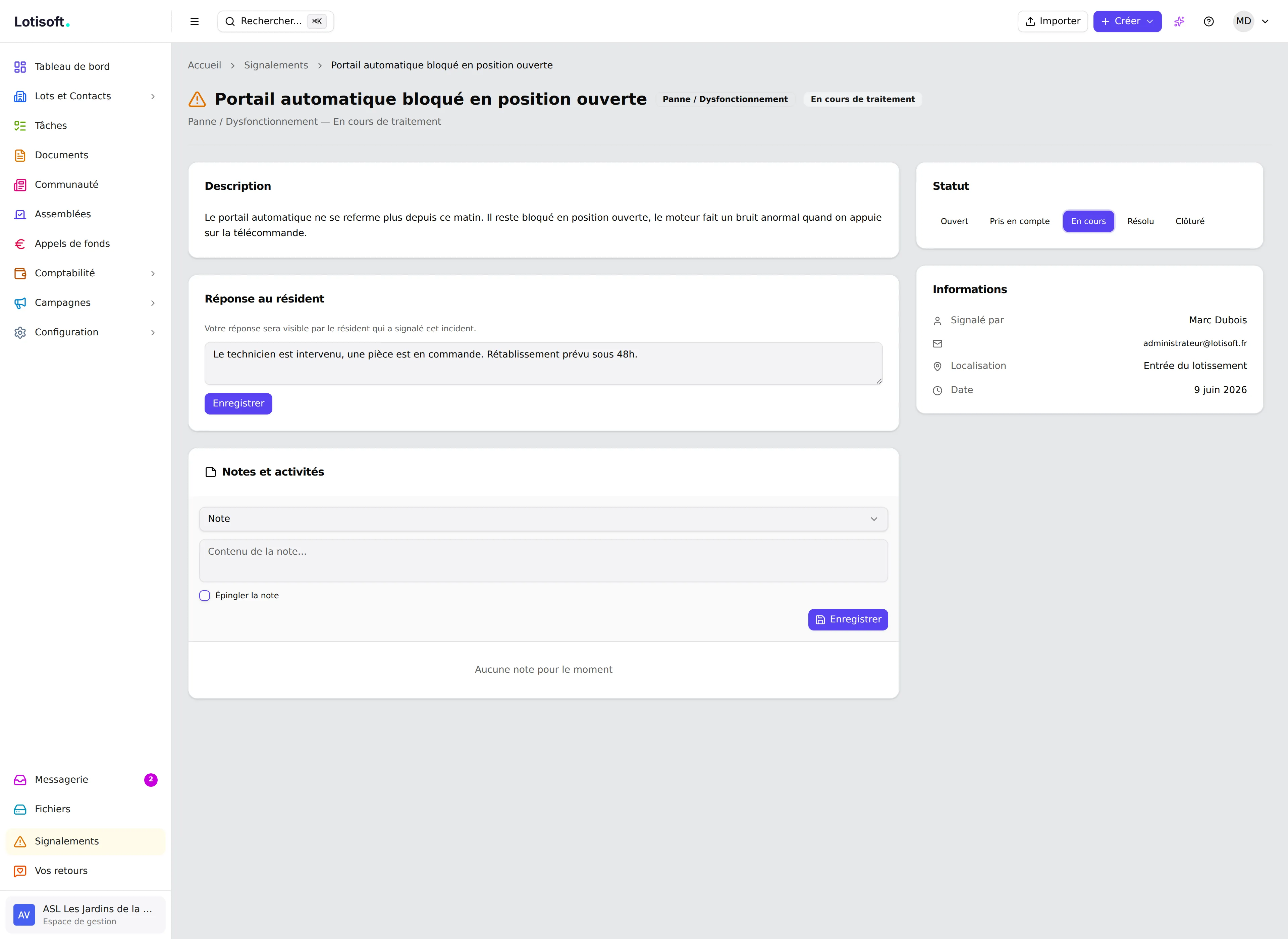 Détail d'un signalement côté gestionnaire