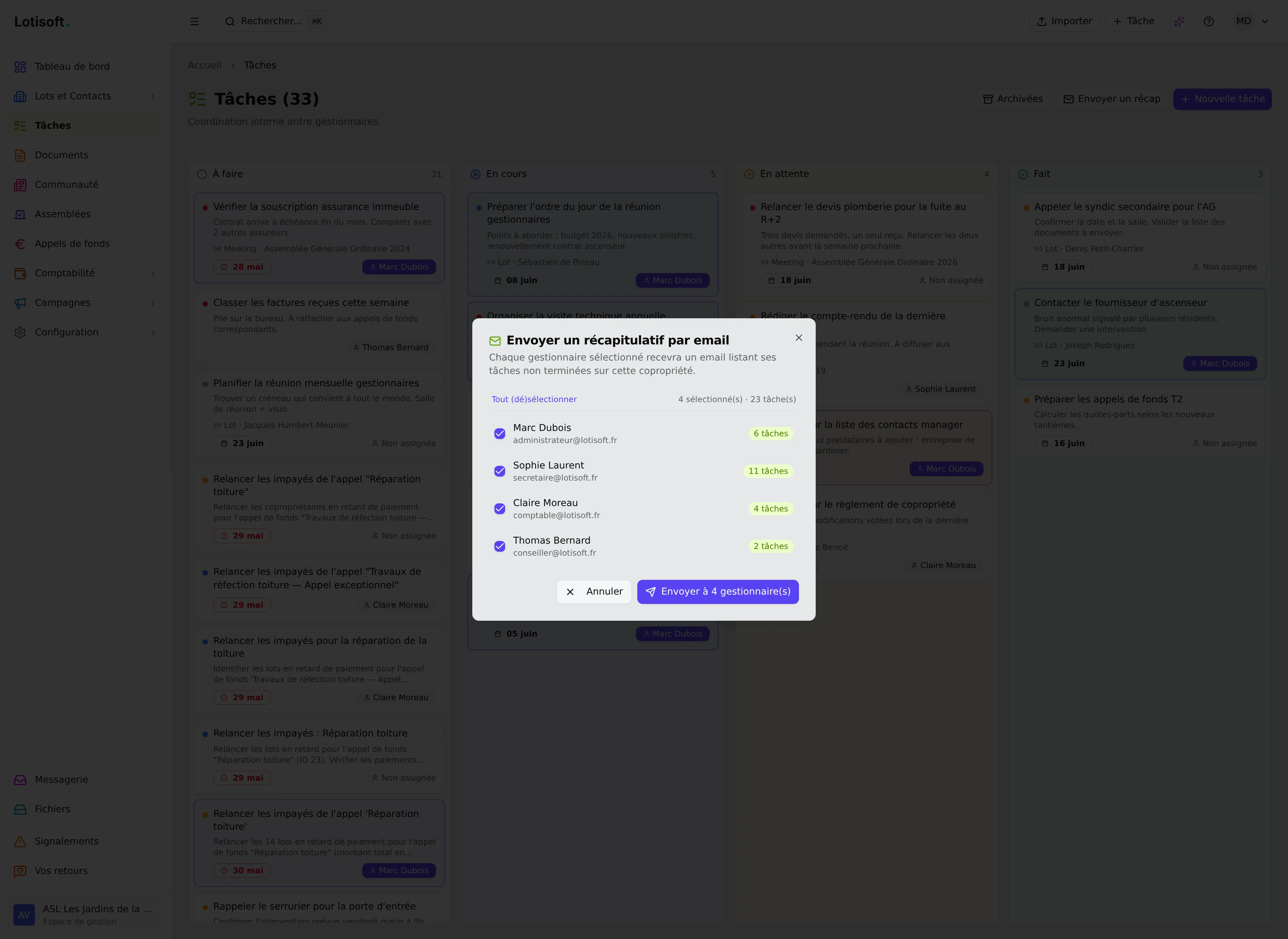 Dialogue d'envoi du récapitulatif par email