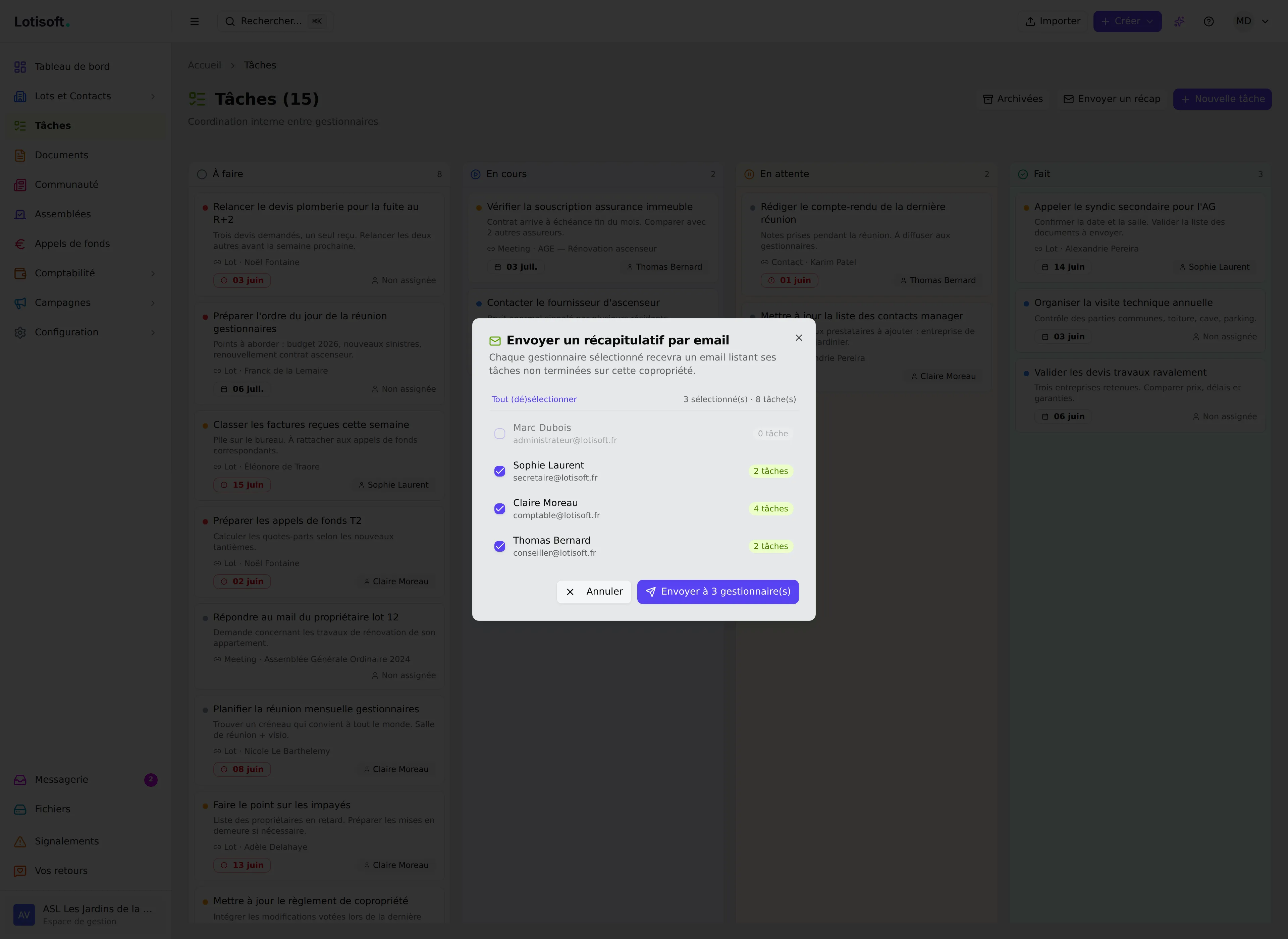 Dialogue d'envoi du récapitulatif par email