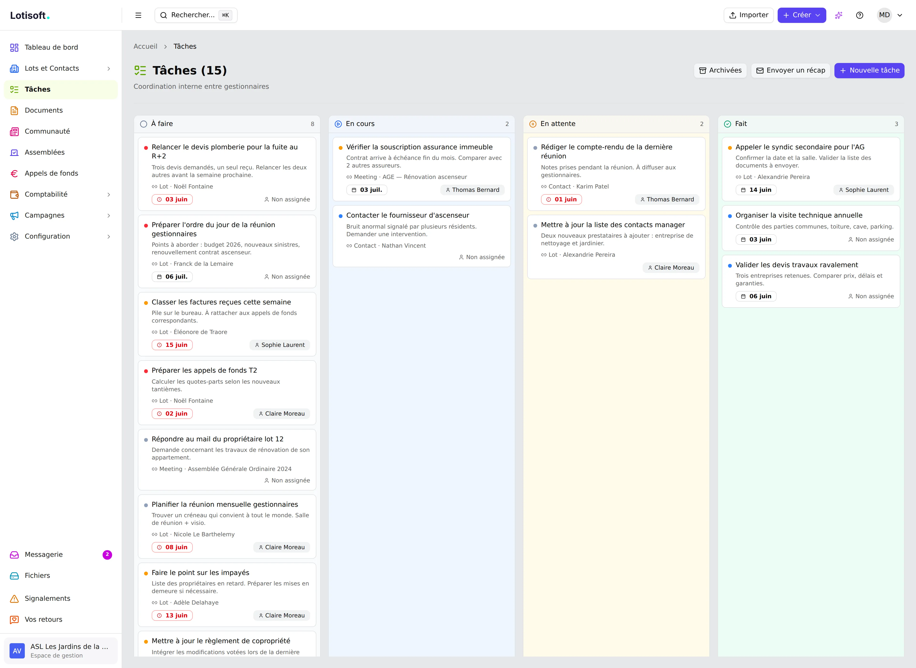 Tableau Kanban des tâches du conseil syndical dans Lotisoft