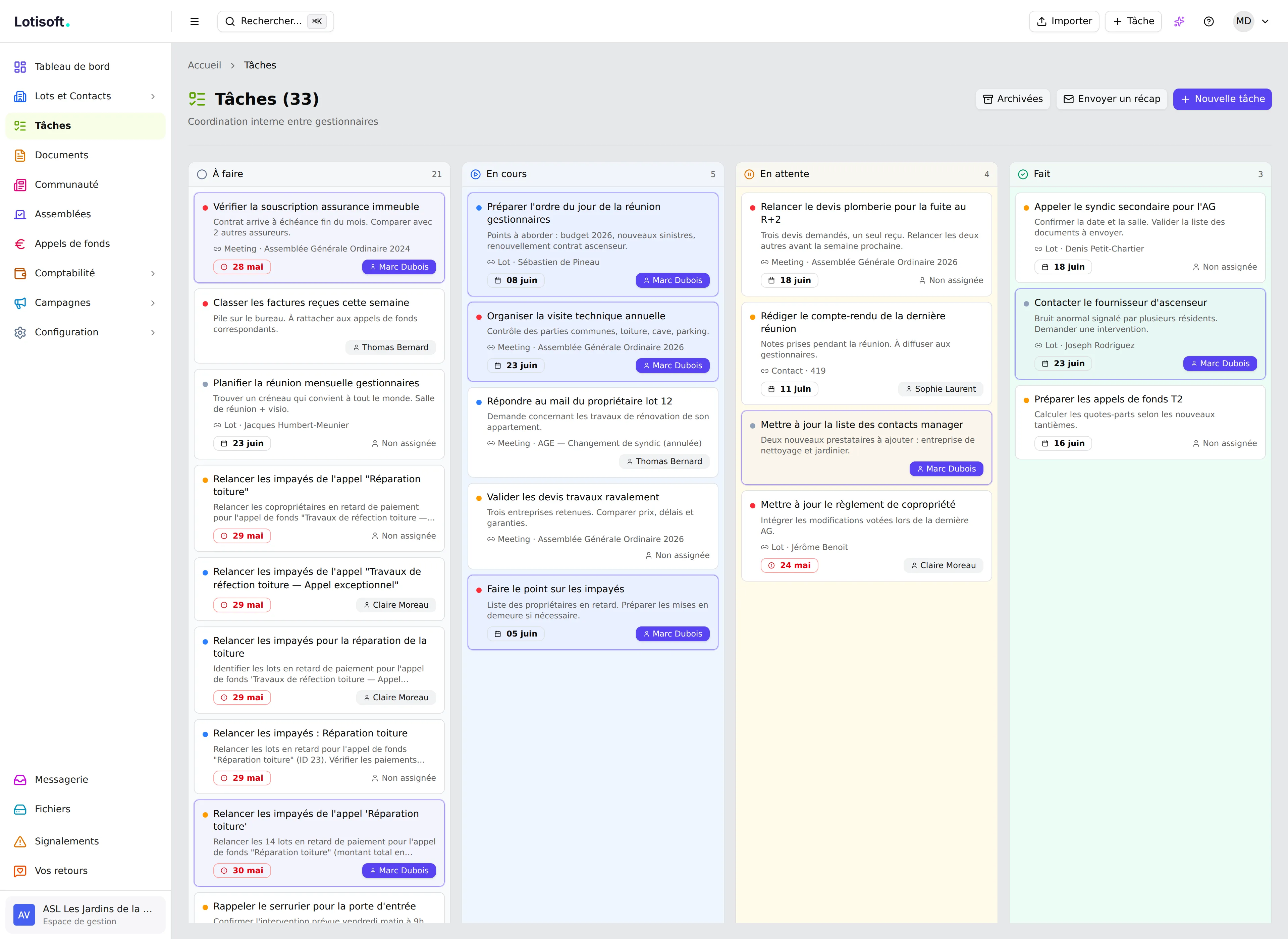 Tableau Kanban des tâches entre gestionnaires