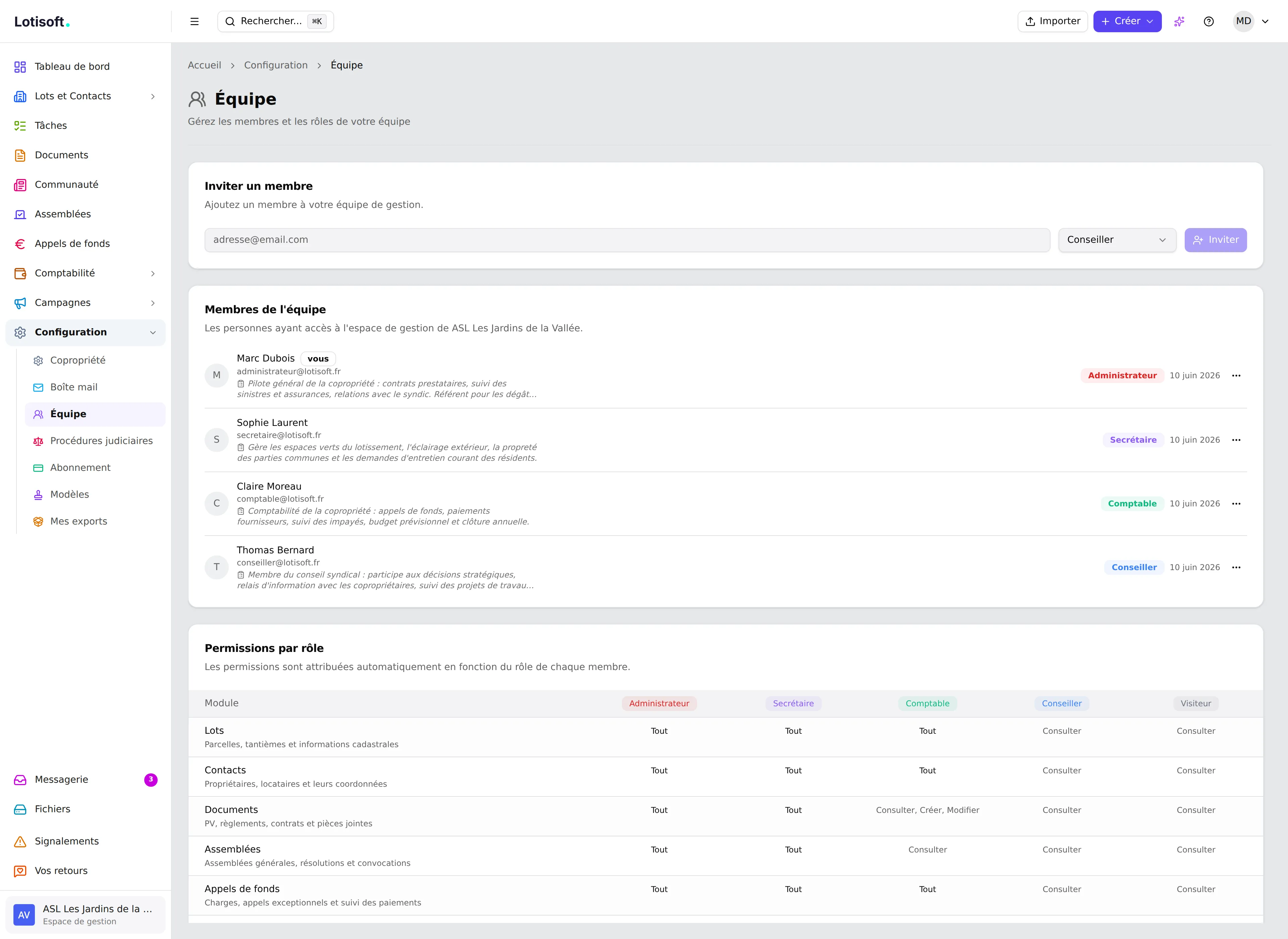 Gestion de l'équipe et des permissions du bureau d'une AFUL dans Lotisoft